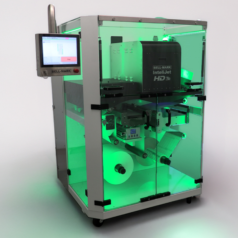 InteliJet HD 3R Reel-To-Reel Piezo Inkjet Printing System, green lit, print mode