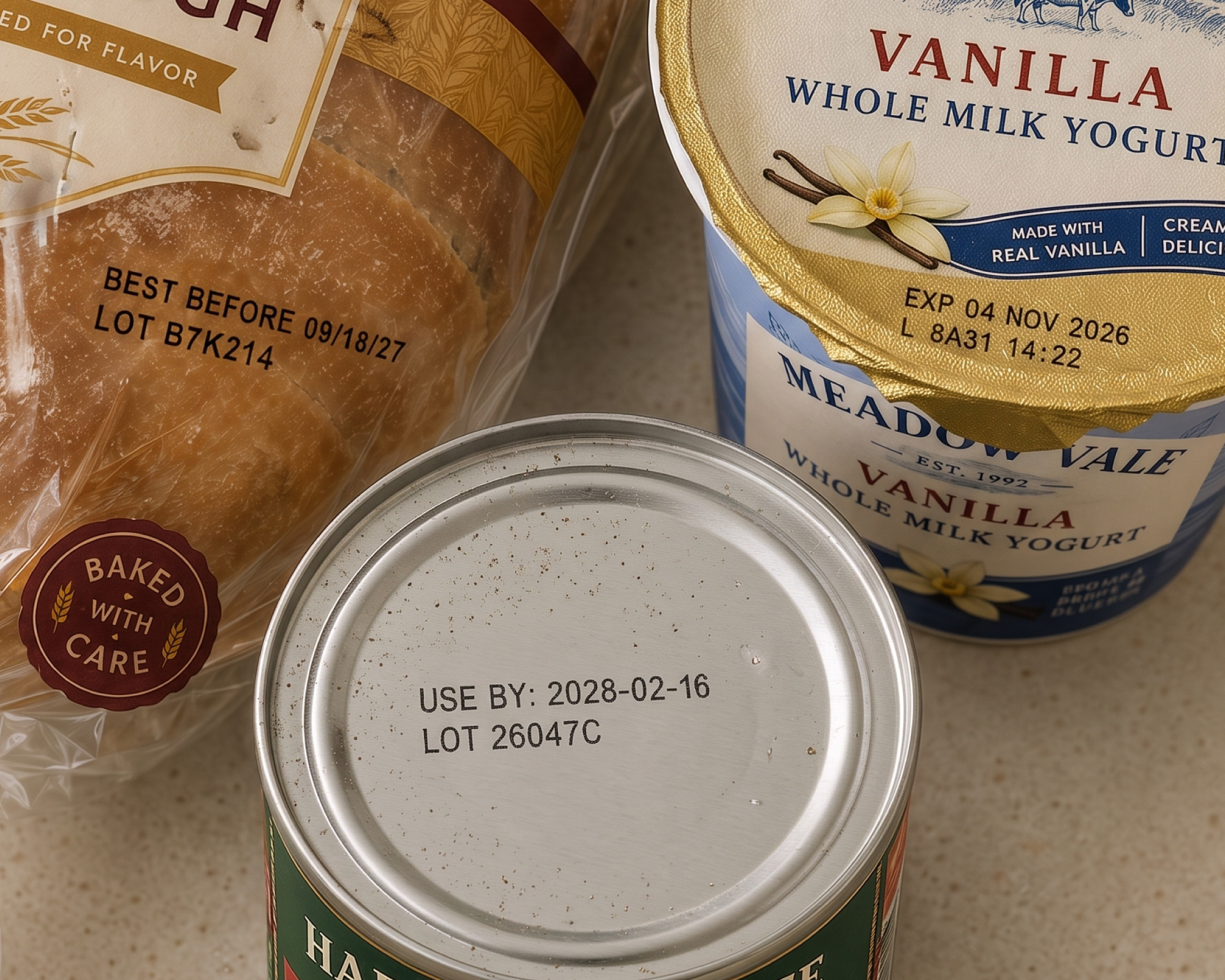 Date and lot codes printed on assorted food packages