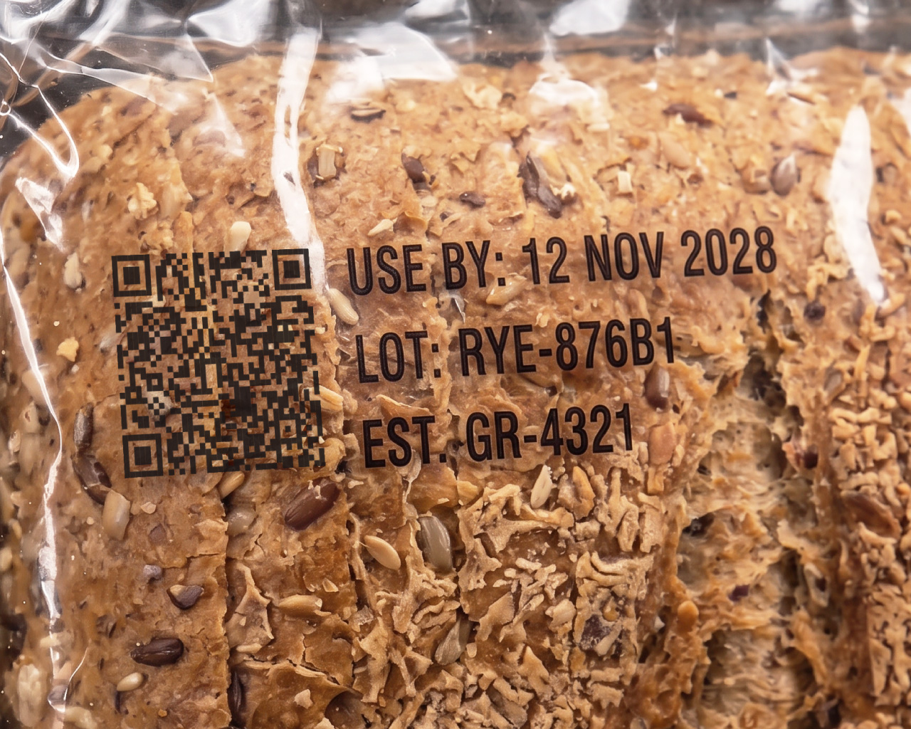 Close-up image of printed QR code and variable data printed directly on a package of bread.