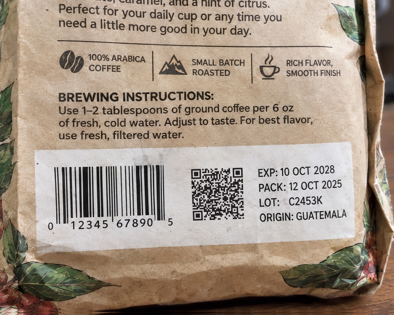 Close-up image of printed QR code and variable data printed directly on a package of ground coffee.